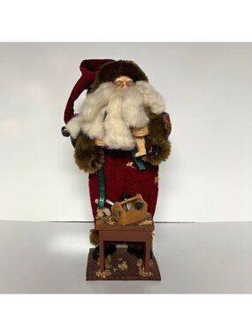 Woodworking Santa Claus Figurine with Carved Bear Tools and Table Vintage 17"